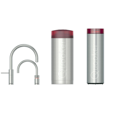 Quooker Nordic Round Twintaps kokendwaterkraan - draaibare uitloop - Combi+ incl. Cube reservoir - Warm / kokend water - RVS