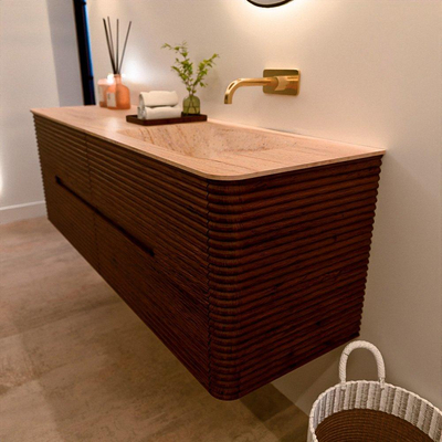 Mondiaz CIRO-DLUX Badkamermeubelset - 150x45x50cm - Solid surface wastafel Saba - 1 wasbak Rechts - zonder kraangaten - 4 lades - Ruby