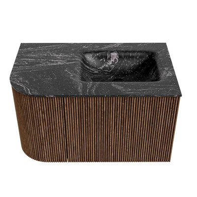 MONDIAZ KURVE-DLUX 75cm Meuble salle de bain avec module 25 G - couleur Walnut - 1 tiroir - 1 porte - vasque GRUNNE droite - sans trou de robinet - couleur Lava