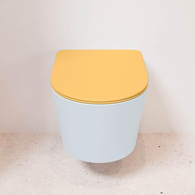 Mondiaz LAVIE WC suspendu – sans bride – 36 x 53 cm – avec abattant softclose – Clay (bleu clair/gris), abattant Ocher (jaune)