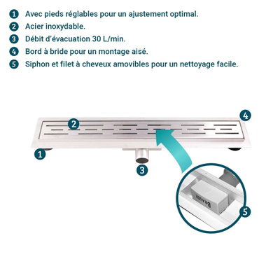 Xellanz Eco Caniveau de douche avec cadre encastrable 30x7x6.7cm peu profond avec sortie latérale Inox