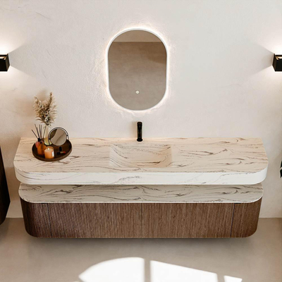 MONDIAZ THOR-DLUX 200cm meuble de salle de bains arrondi gauche + droite couleur Walnut avec 2 tiroirs et 2 portes. Vasque suspendue CLOUD Milieu 1 trou de robinet couleur Nata.