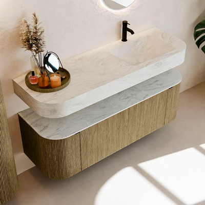 MONDIAZ THOR-DLUX 140cm meuble de salle de bains arrondi gauche + droite couleur Dusk avec 1 tiroir et 2 portes. Vasque suspendue CLOUD Droite 1 trou de robinet couleur Opalo.