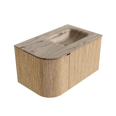 MONDIAZ KURVE-DLUX 75cm badmeubel ronding Links kleur Oak met 1 lade en 1 deur. Wastafel GRUNNE Rechts zonder kraangat Arena.