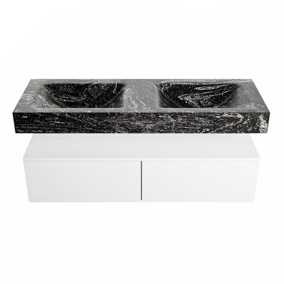 Mondiaz ALAN-DLUX Ensemble de meuble - 130cm - meuble Talc mat - 2 tiroirs - Lavabo Cloud Lava suspendu - vasque gauche et droite - 2 trous de robinet