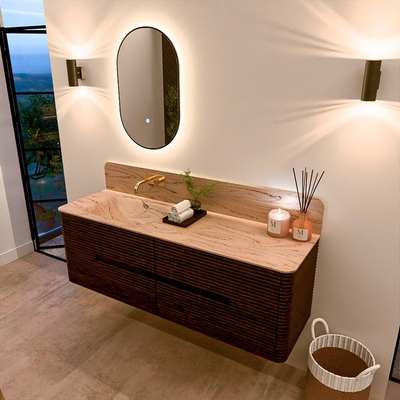 Mondiaz CIRO-DLUX Meuble de salle de bains - 150x45x50cm - Plan vasque solid surface Arena - 1 lavabo à gauche - sans trous de robinetterie - 4 tiroirs - Noyer