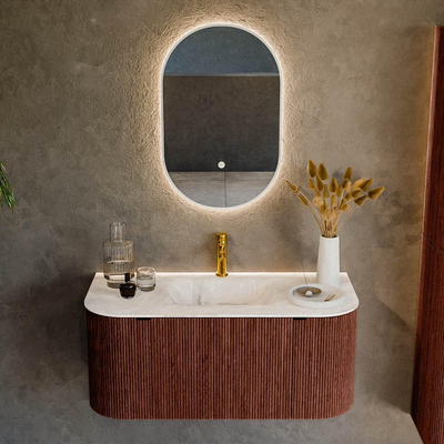 Mondiaz KURVE-DLUX Ensemble de meuble salle de bain - 100x46x40cm - 1 tiroir - 2 portes - lavabo en solid surface - milieu - 1 trou de robinet - Ruby