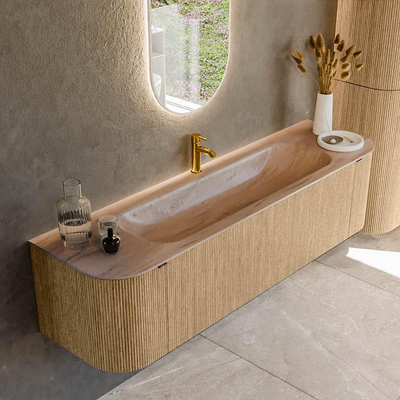 MONDIAZ KURVE-DLUX 170cm badmeubel ronding Links + Rechts kleur Oak met 1 lade en 2 deuren. Wastafel BIG LARGE Midden 1 kraangat Saba.