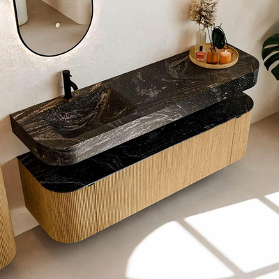 MONDIAZ THOR-DLUX 160cm meuble de salle de bains arrondi gauche + droite couleur Oak avec 1 tiroir et 2 portes. Vasque suspendue CLOUD gauche 1 trou de robinet couleur Lava.