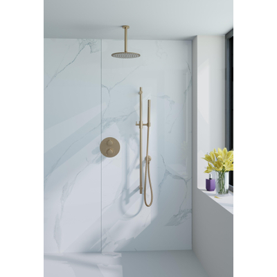 Fortifura Calvi Ensemble de douche à l'italienne - rond - thermostatique - bras plafond - glijstang - douche principale de 25 cm - douchette à main - flexible lisse - Laiton brossé PVD (Or)