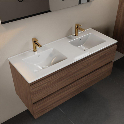 Mondiaz AIVY Ensemble de meuble - 120x45x50cm - 2 trous de robinet - 2 vasques talc céramique - Gauche et droite - 2 tiroirs - avec miroir - Melamine Mocha