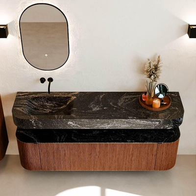 MONDIAZ THOR-DLUX Meuble de salle de bains 170cm arrondi gauche + droite couleur Ruby avec 1 tiroir et 2 portes. Vasque suspendue CLOUD Gauche sans trou de robinet couleur Lava.