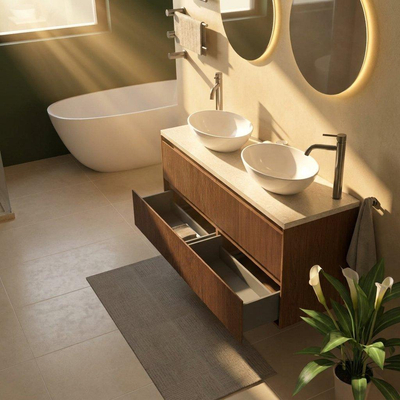 Saniclass Holz Atelier Ensemble de meubles de salle de bains - 140x45x63cm - Plan de travail en pierre naturelle travertin - 2 trous de robinet - 4 tiroirs - walnut pure mat (bois)