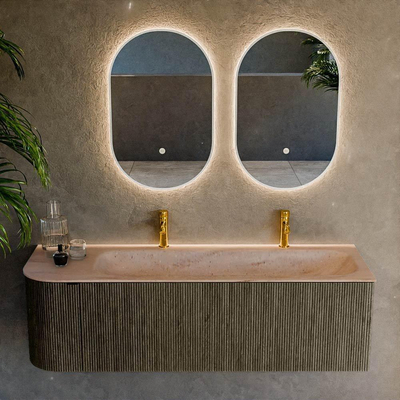 MONDIAZ KURVE-DLUX 145cm badmeubel ronding Links kleur Shadow met 1 lade en 1 deur. Wastafel BIG LARGE Rechts 2 kraangaten Saba.