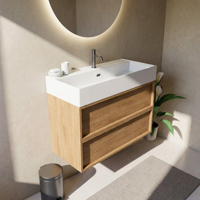 Saniclass Holz Frame Ensemble meuble de salle de bains - 100x45x72cm - Legend lavabo en céramique blanc - 1 vasque - 1 trou de robinetterie - 2 tiroirs - chêne natural mat (bois)