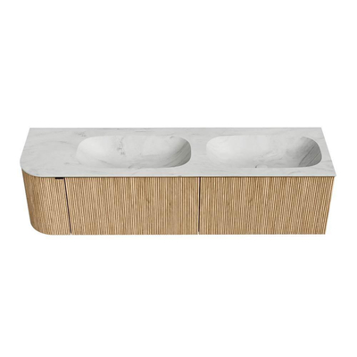 MONDIAZ KURVE-DLUX 165cm meuble de salle de bains avec module 25 L couleur Chêne avec 2 tiroirs et 1 porte. Lavabo STOR SMALL double / droite 2 trous de robinet couleur Opalo.
