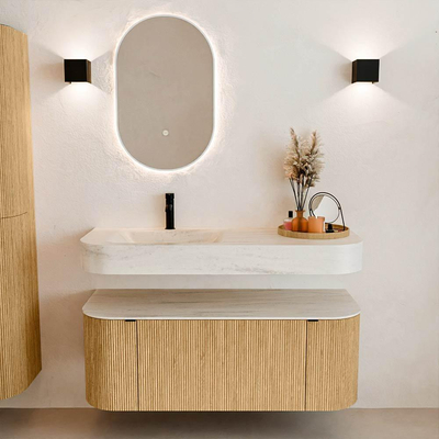 MONDIAZ THOR-DLUX 120cm badmeubel ronding links + rechts kleur Oak met 1 lade en 2 deuren. Vrijhangende wastafel CLOUD Links 1 kraangat kleur Meli.