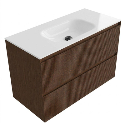 Saniclass Holz Atelier Ensemble de meubles de salle de bains - 100x45x61.5cm - Vasque Flow en Solid Surface blanche - 1 vasque - sans trou de robinet - 2 tiroirs - walnut pure mat (bois)