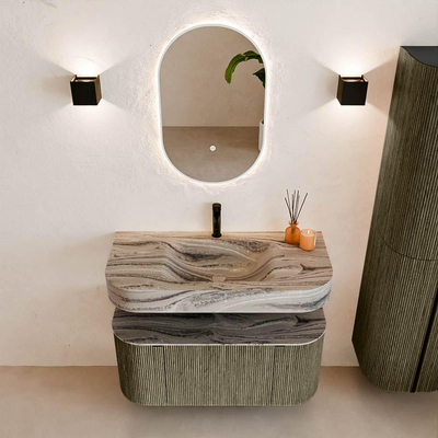 MONDIAZ THOR-DLUX 100cm meuble de salle de bains arrondi gauche + droite couleur Shadow avec 1 tiroir et 2 portes. Vasque suspendue CLOUD Milieu 1 trou de robinet couleur Sombra.