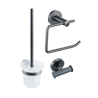Fortifura Calvi Toiletset 3-delig - toiletrolhouder - zonder klep - toiletborstel - handdoekhaak dubbel rond - PVD - geborsteld gunmetal (antraciet)