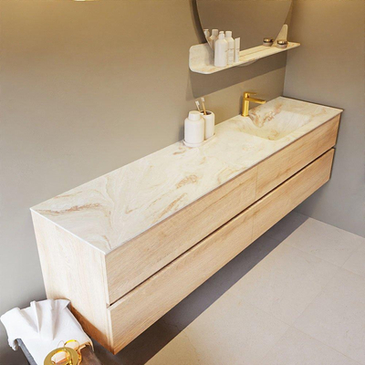 MONDIAZ VICA-DLUX Ensemble meuble de salle de bains - 200cm - meuble bas Washed oak - 4 tiroirs - vasque encastrée cloud droite - 1 trou de robinet - version haute 60cm - frape