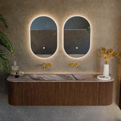 MONDIAZ KURVE-DLUX 170cm badmeubel ronding Links + Rechts kleur Walnut met 1 lade en 2 deuren. Wastafel BIG LARGE Midden zonder kraangat Sombra.