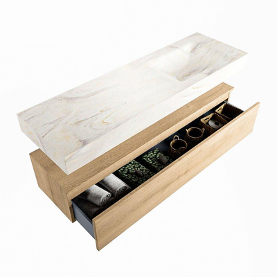 Mondiaz ALAN-DLUX Ensemble de meuble - 150cm - meuble Washed Oak mat - 1 tiroir - Lavabo Cloud Ostra suspendu - vasque Droite - 1 trou de robinet