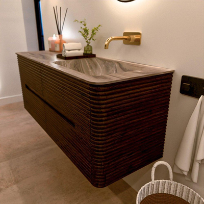 Mondiaz CIRO-DLUX Ensemble de meubles de salle de bains - 130x45x50cm - Plan-vasque en solid surface Sombra - 1 lavabo à droite - sans trous de robinetterie - 4 tiroirs - Noyer