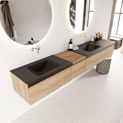 Mondiaz BUKLA badkamermeubelset 240x45x34cm 0 kraangaten 2 wasbakken solid surface Urban greeploos 4 lades met softclose Melamine Washed Oak