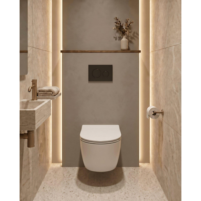Adema Salina 2.0 Toiletset - 48.5x36x32cm - diepspoel - spoelrandloos - QeramiQ inbouwreservoir - softclose - quickrelease - toiletzitting - mat zwarte kunststof bedieningsplaat - ronde knoppen - wit