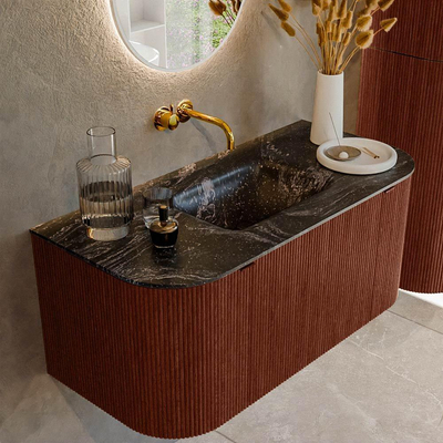 Ensemble de meuble de salle de bain Mondiaz KURVE-DLUX - 100x46x40cm - 1 tiroir - 2 portes - lavabo en solid surface - milieu - sans trou de robinet - Ruby