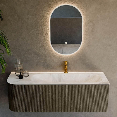 Mondiaz KURVE-DLUX Ensemble de meuble de salle de bains - 135x46x40cm - 1 tiroir - 1 porte - vasque solid surface - droite - 1 trou de robinet - Shadow