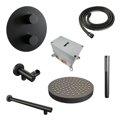 BRAUER Stripe Thermostatische Inbouw Regendouche - 3-weg - rond - SET 37 - 25cm douchekop - rechte muurarm - staaf handdouche - doucheslang - wandaansluitbocht - mat zwart