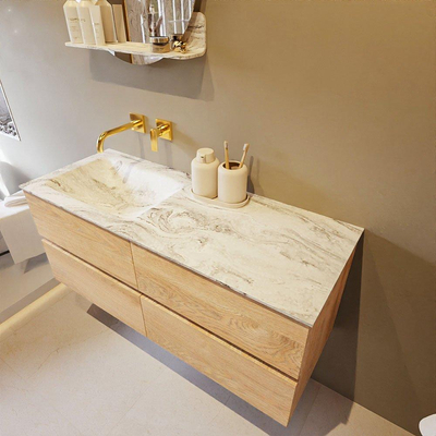 Mondiaz VICA-DLUX ensemble de meuble de salle de bain - 120cm - meuble sous-vasque chêne blanchi - 4 tiroirs - lavabo encastré cloud gauche - sans trous de robinet - version haute de 60cm - glace