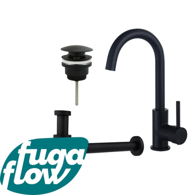 FugaFlow Eccelente Sobrado Badkamer Wastafelkraanset - hoge wastafelkraan - draaibare uitloop - klikwaste plug - verlaagde design sifon - Mat zwart