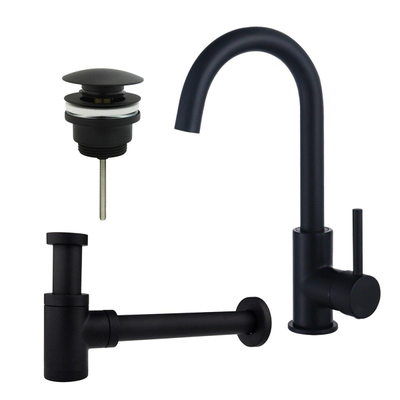 FortiFura Calvi Kit robinet lavabo - robinet haut - bec rotatif - bonde clic clac - siphon design bas - Noir mat