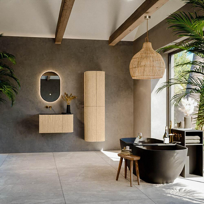 MONDIAZ KURVE-DLUX meuble de salle de bains 75cm avec module 25 R couleur chêne avec 1 tiroir et 1 porte. Vasque GRUNNE gauche sans trou de robinetterie couleur Lava.