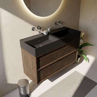 Saniclass Holz Frame Ensemble de meubles de salle de bains - 120x45x72cm - lavabo Legend en céramique noir mat - 2 vasques - sans trous de robinet - 2 tiroirs - chêne charcoal mat (bois)
