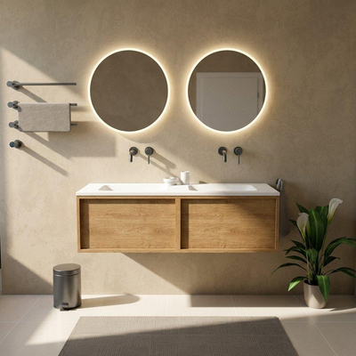 Saniclass Holz Frame Ensemble meuble de salle de bains - 140x45x57.5cm - lavabo Torino en solid surface blanc - sans trou de robinet - 2 tiroirs - chêne natural mat (bois)