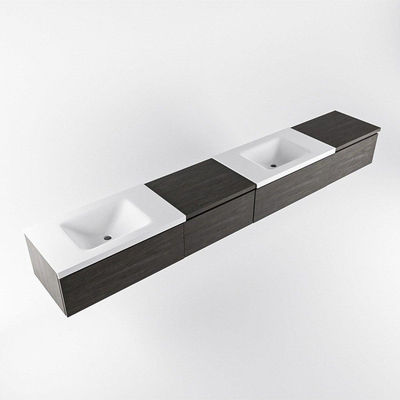 MONDIAZ BUKLA 280cm ensemble de meuble avec module 60 gauche couleur Marron Foncé avec 4 tiroirs. Lavabo CLOUD double 0 trou de robinet couleur Talc.