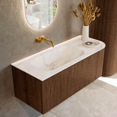 MONDIAZ KURVE-DLUX meuble de salle de bains 115cm avec module 25 R couleur Walnut avec 1 tiroir et 1 porte. Vasque BIG SMALL gauche sans trou de robinet couleur Frappe.