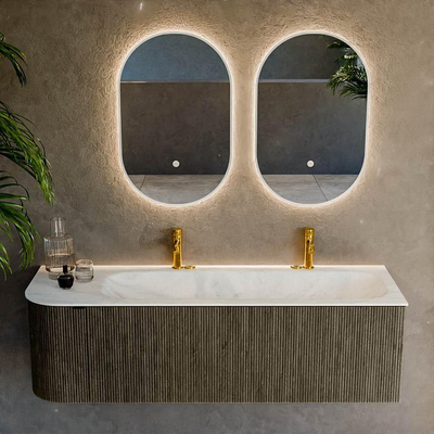 Mondiaz KURVE-DLUX Ensemble de meuble de salle de bains - 145x46x40cm - 1 tiroir - 1 porte - lavabo solid surface - droit - 2 trous de robinet - Shadow
