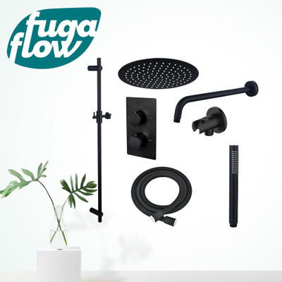 FugaFlow Eccelente Sobrado Badkamer Inbouw Regendoucheset - thermostatisch - wandarm -glijstang - 25cm hoofddouche - staaf handdouche - zwart mat - Black Friday -