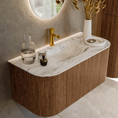 MONDIAZ KURVE-DLUX 100cm Meuble salle de bain avec module 25 G et D - couleur Walnut - 1 tiroir - 2 portes - vasque GRUNNE centre - 1 trou de robinet - couleur Glace