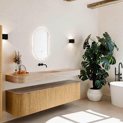 MONDIAZ THOR-DLUX 180cm meuble de salle de bains arrondi gauche + droite couleur Oak avec 2 tiroirs et 2 portes. Vasque suspendue CLOUD Milieu sans trou de robinet couleur Saba.