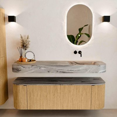 MONDIAZ THOR-DLUX 150cm meuble de salle de bains arrondi gauche + droite couleur Oak avec 1 tiroir et 2 portes. Vasque suspendue CLOUD droite sans trou de robinet couleur Sombra.