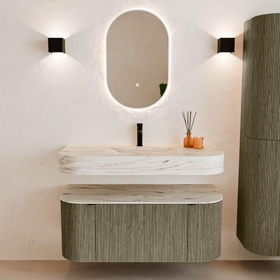 MONDIAZ THOR-DLUX 110cm meuble de salle de bains arrondi gauche + droite couleur Shadow avec 1 tiroir et 2 portes. Vasque suspendue CLOUD Milieu 1 trou de robinet couleur Nata.