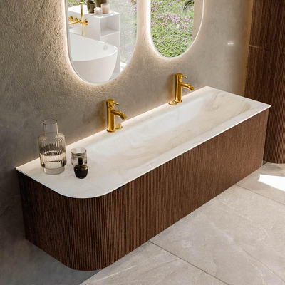 MONDIAZ KURVE-DLUX 145cm badmeubel met module 25 L kleur Walnut met 1 lade en 1 deur. Wastafel BIG LARGE rechts 2 kraangaten kleur Ostra.