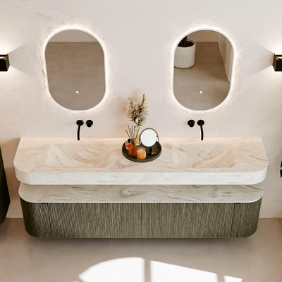 MONDIAZ THOR-DLUX 200cm meuble de salle de bains arrondi gauche + droite couleur Shadow avec 2 tiroirs et 2 portes. Vasque suspendue CLOUD Double sans trou de robinet couleur Ostra.