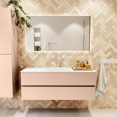 Mondiaz VICA ensemble de meuble de salle de bain - 130cm - meuble sous-vasque rosee - 2 tiroirs - lavabo moon milieu - 1 trou de robinet - version haute de 60cm - talc